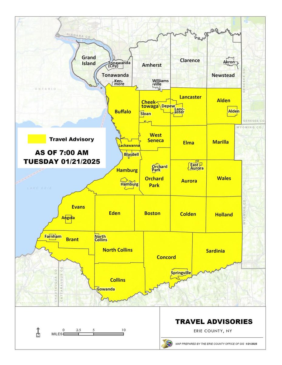 markpoloncarz's tweet photo. A Travel Advisory exists for much of Erie County. There are no Travel/Driving Bans in effect currently. Please exercise caution if traveling in areas where snow fell last night or is currently falling. https://t.co/qHeo1k0a7B