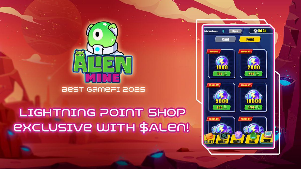 AlienMine_P2E's tweet photo. ⚡ Lightning Point Shop Open!

💎 Swap $ALEN for Lightning Points and unlock slots to boost your mining efficiency!

🔥 Deals:
👽 1,000 Points: 190 $ALEN (5% OFF)
👽 50,000 Points: 8,000 $ALEN (20% OFF)

Don’t miss out—gear up now!

#AlienMine #GameFi #play2earn #P2E #PlayToEarn https://t.co/NoMg79n8q1