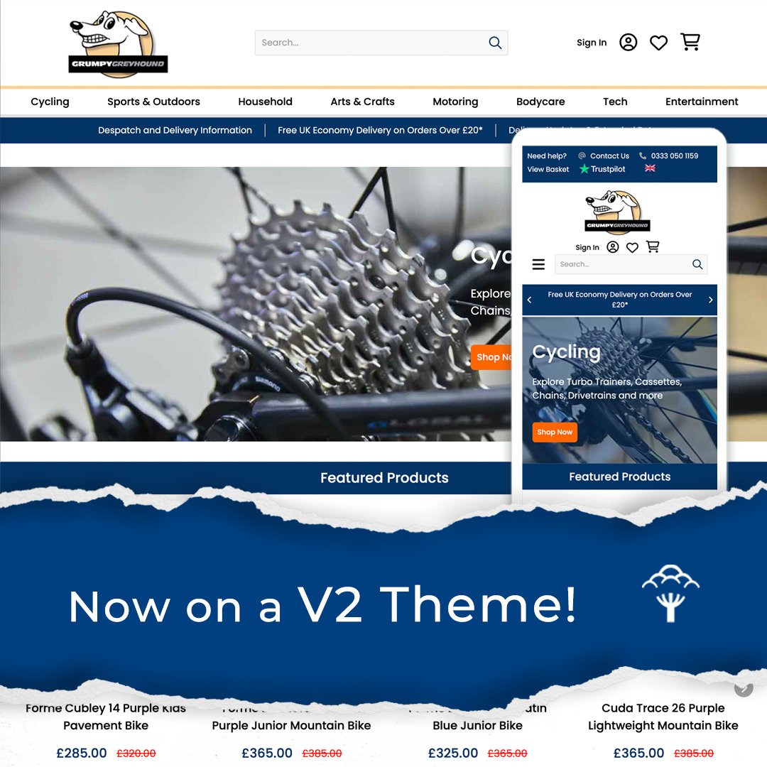 🎉 We’re excited to announce that Grumpygreyhound.co.uk is now on our V2 Theme! 🚀

✨Faster loading times
📱Mobile-friendly design
🔎Improved navigation

Go and experience their great new site and discover their amazing range of cycling gear, household essentials, &amp; more!