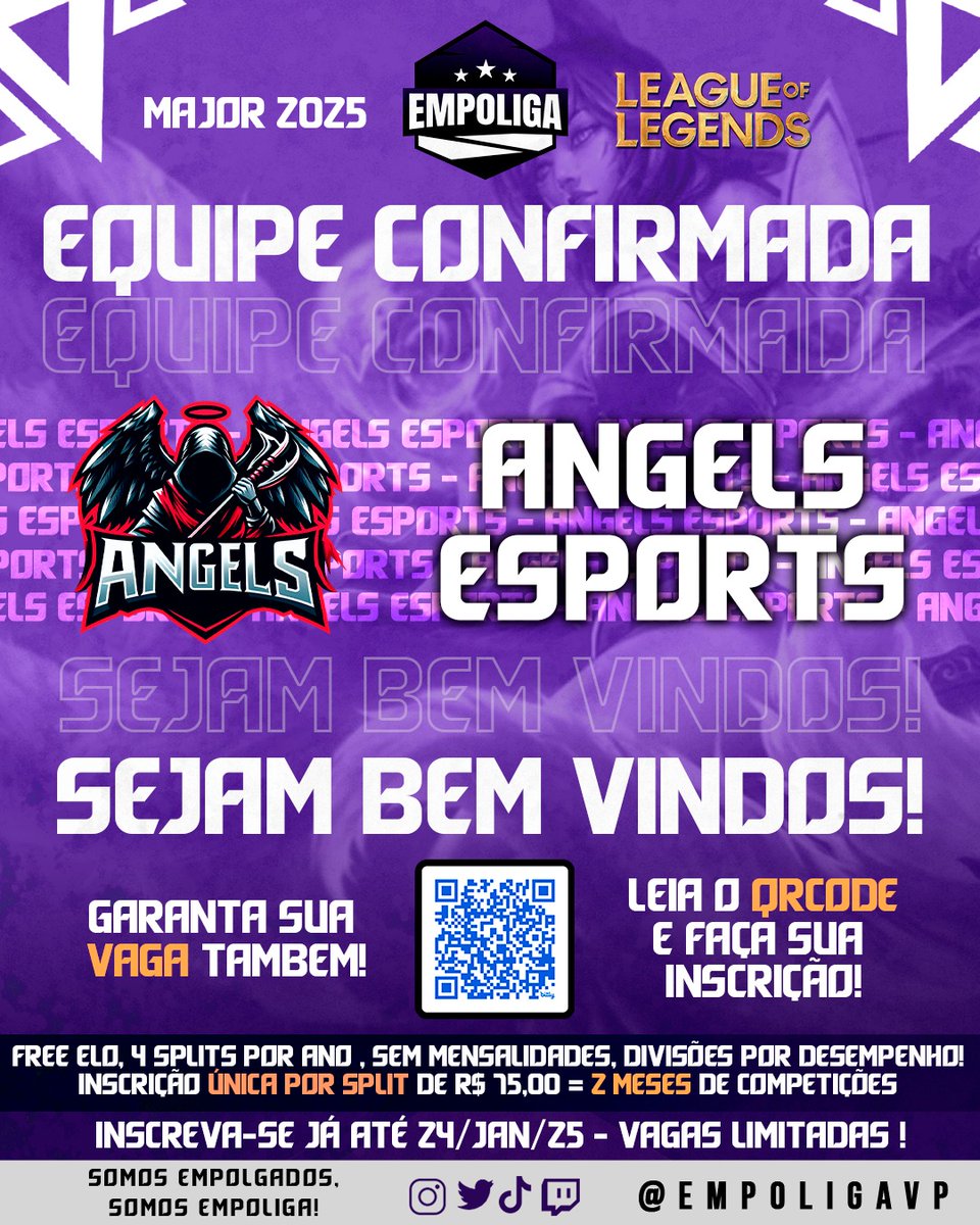 Outra equipe que foi bem no split passado confirmou sua participação na #Major2025!

Sejam bem vindos <a href="/AngelsGG12/">Angels eSports</a> !

👀 Participe você tambem da Melhor Liga do T3! 
📱Escaneie o QRCODE e inscreva-se também! Venha para a #Empoliga !

#LeagueofLegends