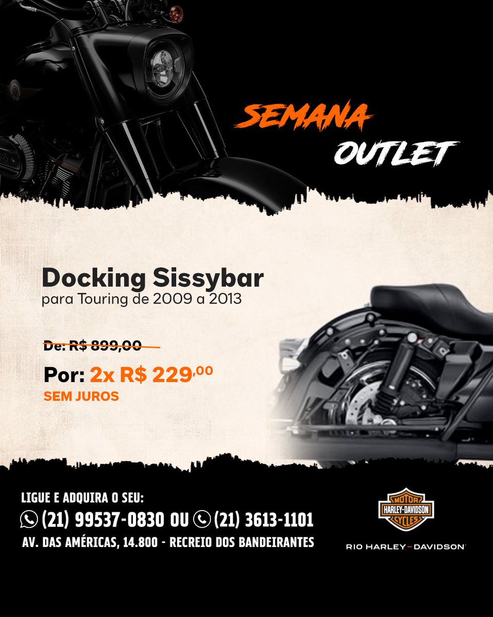 Harley_Rio's tweet photo. 🔥 SEMANA DO OUTLET RIO H-D: OFERTAS IMPERDÍVEIS! 

✔ Plataforma Dianteira
✔ Docking Sissy Bar 
✔ Grelha 

Estoques limitados e preços irresistíveis somente nesta semana.

📍Av. das Américas, 14.800 - Recreio dos Bandeirantes
📱: (21) 99537-0830 | (21) 3613-1101 https://t.co/GBXYzpHqak