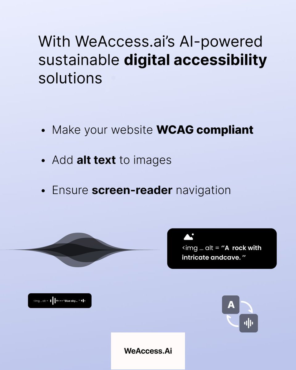 weaccessai's tweet photo. Small improvements on #websites can make a huge difference in creating an #inclusive #digital experience for all users.
Check out https://t.co/YawMIA1m0j's AI-powered solutions for sustainable, inclusive and barrier-free digital accessibility!

#WeAccess #ai #DigitalAccessibility https://t.co/jPURNEaZeo
