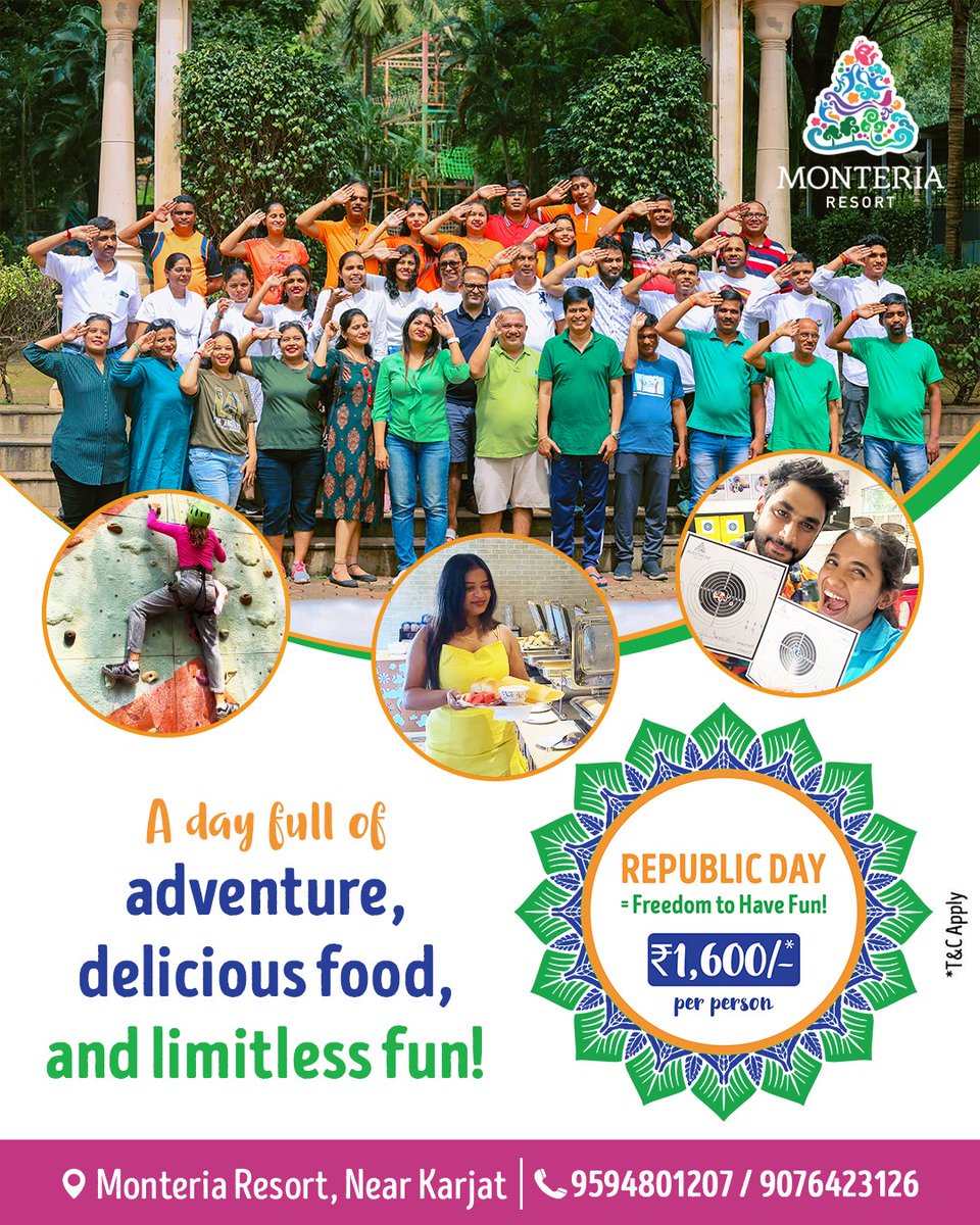 MKhalapur's tweet photo. Adventure, food, and freedom - sounds like the perfect #RepublicDay plan!

Join us on 26th January 2025 for a day packed with thrills and joy, all at just ₹1,600 per person. T&amp;C's Apply*

📍 #MonteriaResort, near Karjat

📞 Book Now: 9594801207/9076423126 https://t.co/DVWAvSvWCu