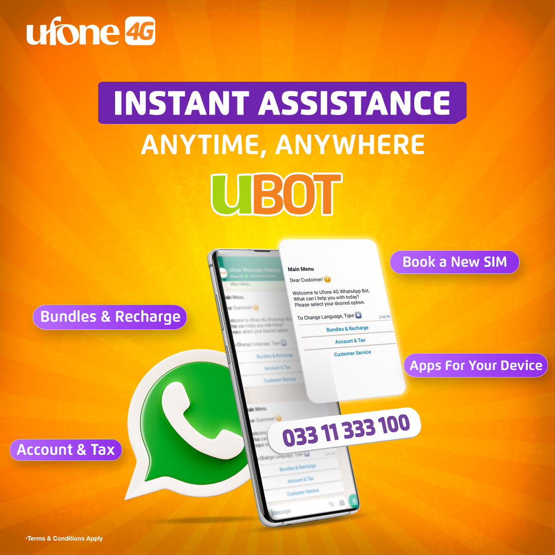 Ufone's tweet image. Say hello to instant convenience! 🙌🏻
UBot is ready to assist you anytime and anywhere on WhatsApp!

Connect with UBot today! 

#Ufone4G #UBot #WhatsappBot