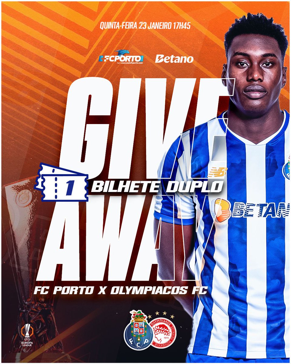 🚨🔵 G I V E A W A Y A L E R T ⚪🚨

Esta quinta-feira à tarde (17h45) a Liga Europa regressa ao Dragão 💥🐲

Por isso, em parceria com a <a href="/Betano_PT/">Betano Portugal 🔞</a>, estamos a oferecer 2⃣ BILHETES DUPLOS 💥
1⃣no 𝕚𝕟𝕤𝕥а𝕘𝕣а𝕞
1⃣no 𝕏 🤯!

<a href="/fcporto/">FC Porto</a> 🆚 <a href="/olympiacosfc/">Olympiacos FC</a>

Para participares só tens