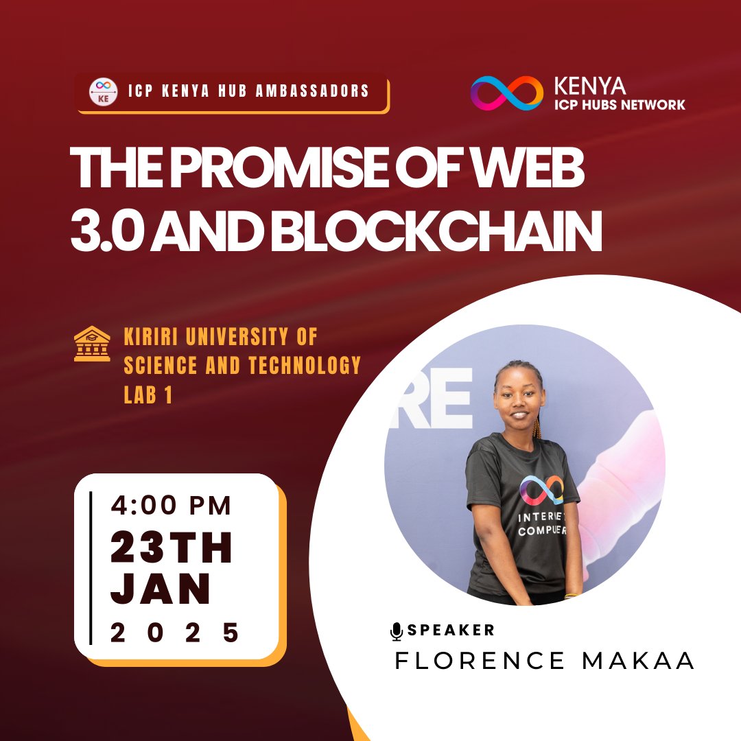 kwust_icp's tweet photo. 🚀 Join us for an exciting and insightful session on the future of the internet and blockchain technology! 🌐✨ Discover how Web 3.0 and blockchain are set to revolutionize the digital world and what opportunities lie ahead. 🌟 @icphub_KE   @_techmuna https://t.co/0VrpsOLgMW