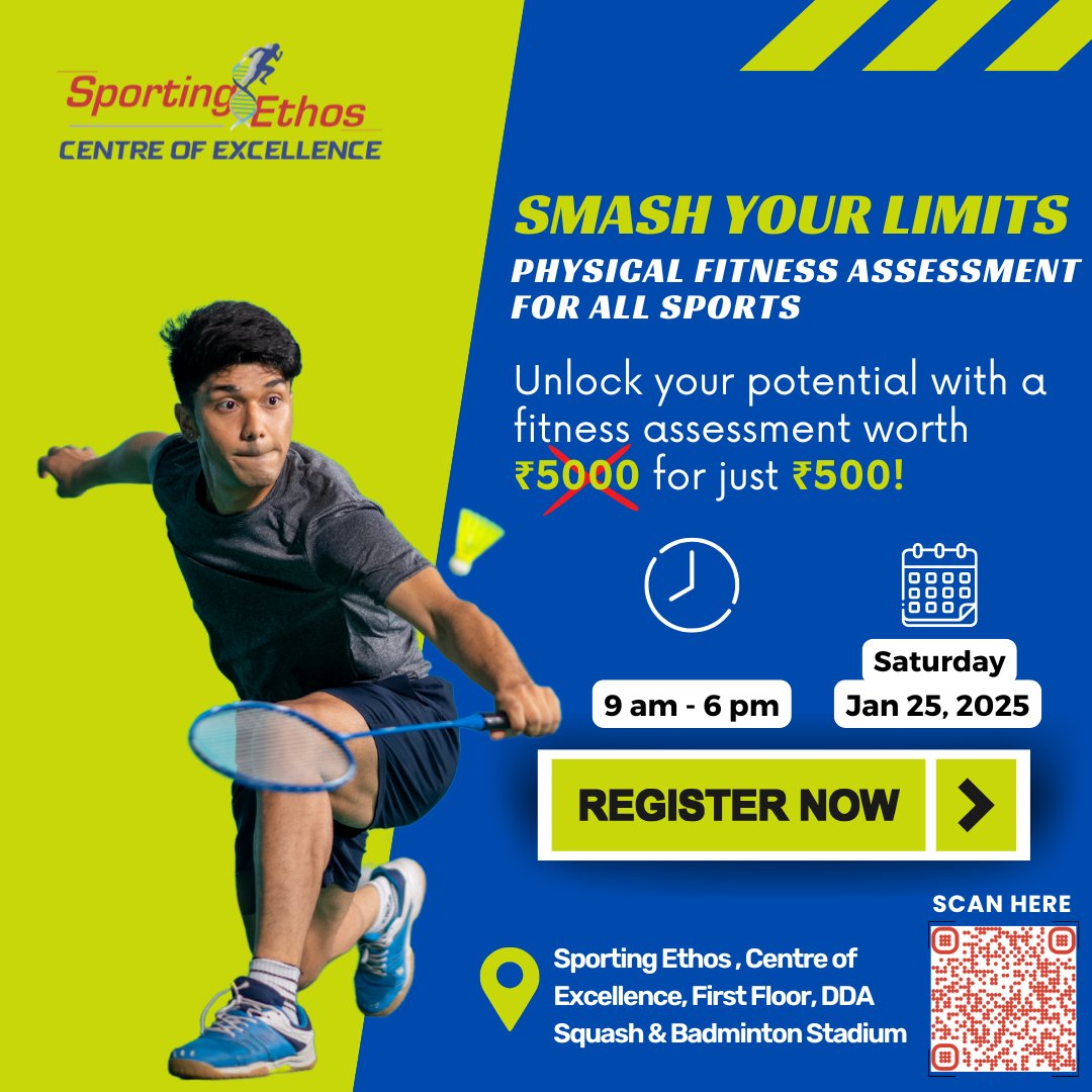 sporting_ethos's tweet photo. Level up your game with a comprehensive physical fitness assessment worth ₹5000 for just ₹500! Whether you’re aiming to boost your agility, strength, or endurance, this camp is designed to give you the insights you need to improve your performance. 💪 https://t.co/ZZ1hJrXQrJ