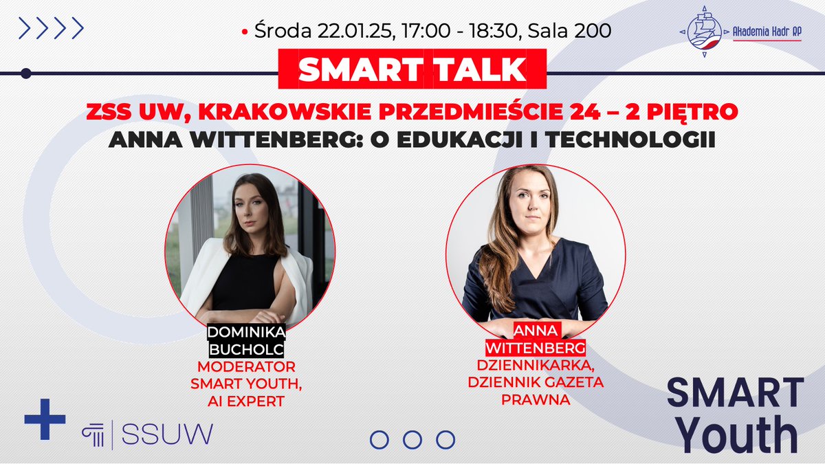 AlekArabadzic's tweet photo. Pierwsze Smart Talk w 2025 z udziałem @annawitten i @dominikabucholc. Pogadamy o demokratyzacji technologii, polityce cyfrowej i umiejętnościach jutra w edukacji. Kiedy? Jutro w godzinach 17:00-18.30.  Gdzie? 
Krakowskie Przedmieście 24, @UniWarszawski 
Dlaczego? Bo Edukacja i Technologia mogą być super!
@AkademiakadrRP @OrzelBartlomiej @MarcinSzyda1984 @stell7 @WypartowiczBa @MarcelKieltyka @TrajektoriaAI @PBPaszportu @BochynskaNikola