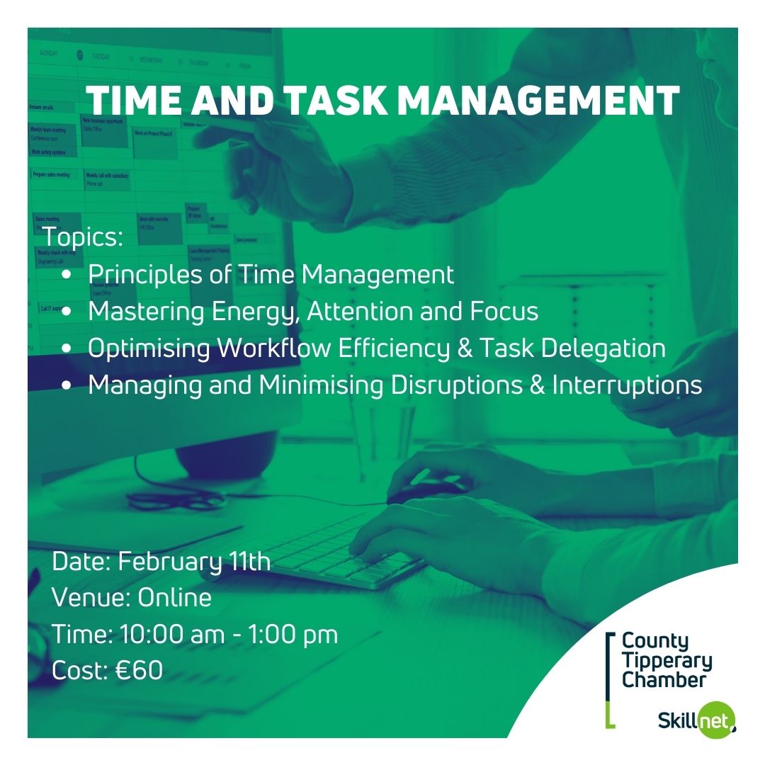 County Tipperary Chamber Skillnet (@cotippskillnet) on Twitter photo 🚀 Unlock Your Productivity Potential! 🚀
Are you struggling to manage your time and tasks effectively? Join our Time and Task Management Course and transform your productivity game! 🕒✨
🔗 Register: countytipperarychamber.com/skillnet-upcom…
#TimeManagement #Productivity #ThinkTalent <a href="/CTChamber/">County Tipperary Chamber</a> 🚀 Unlock Your Productivity Potential! 🚀
Are you struggling to manage your time and tasks effectively? Join our Time and Task Management Course and transform your productivity game! 🕒✨
🔗 Register: countytipperarychamber.com/skillnet-upcom…
#TimeManagement #Productivity #ThinkTalent <a href="/CTChamber/">County Tipperary Chamber</a>