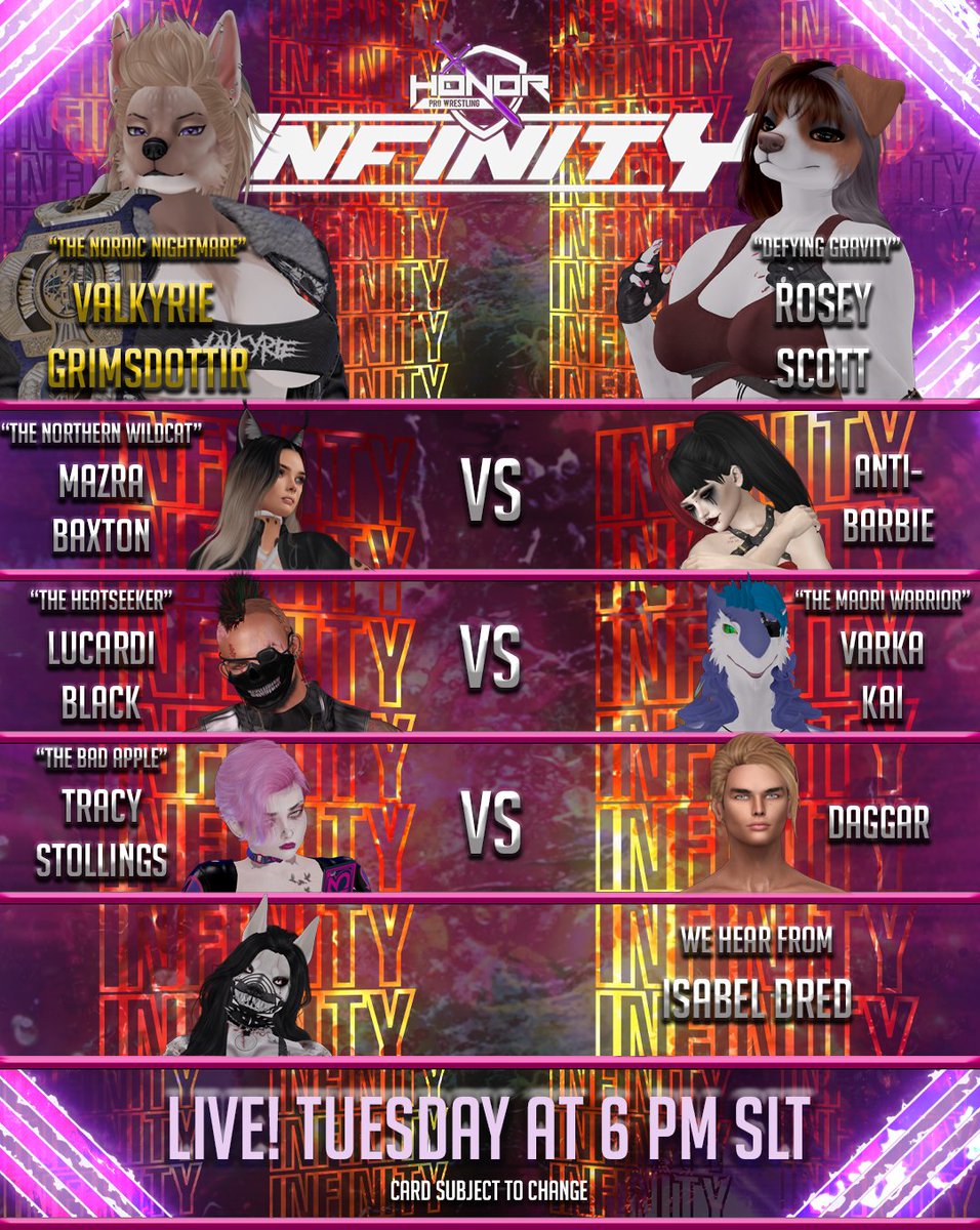 Honor Pro is back to grace your Tuesday with another showing of Consensual Violence! 
Tracy Stollings vs Daggar
Lucardi Black vs Varka Kai
Mazra Baxton vs Anti-Barbie
Valkyrie Grimsdotter vs Rosey Scott
Live at 6pm in the Lion’s Den!
maps.secondlife.com/secondlife/Ser…