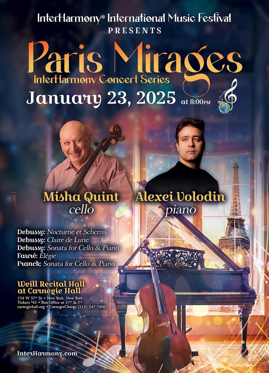 Dear Friends, Just wanted to drop you a note in between practicing about my upcoming recital at Carnegie. I would love to see you there.
Wish me luck,
Misha
About the Program:
loom.ly/3dLYOLs
#InterHarmony #InterHarmonyConcertSeries #CarnegieHall #ParisMirages #Debussy