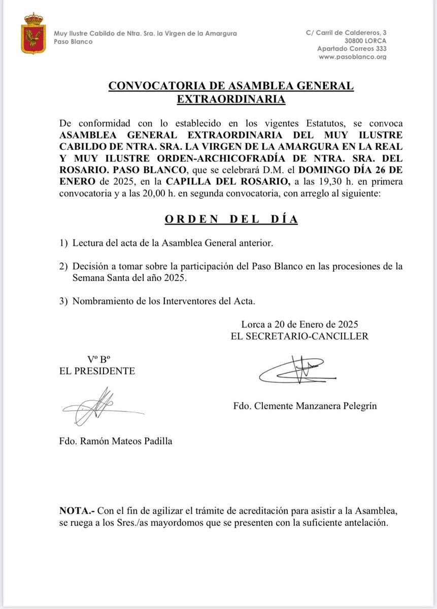 PasoBlanco_3's tweet photo. ℹ️ 🏳️ Se convoca ASAMBLEA GENERAL EXTRAORDINARIA DEL MUY ILUSTRE CABILDO DE NTRA. SRA. LA VIRGEN DE LA AMARGURA EN LA REAL Y MUY ILUSTRE ORDEN-ARCHICOFRADÍA DE NTRA. SRA. DEL ROSARIO. PASO BLANCO, que se celebrará D.M. el DOMINGO DÍA 26 DE ENERO. https://t.co/Z43zzoPRlP