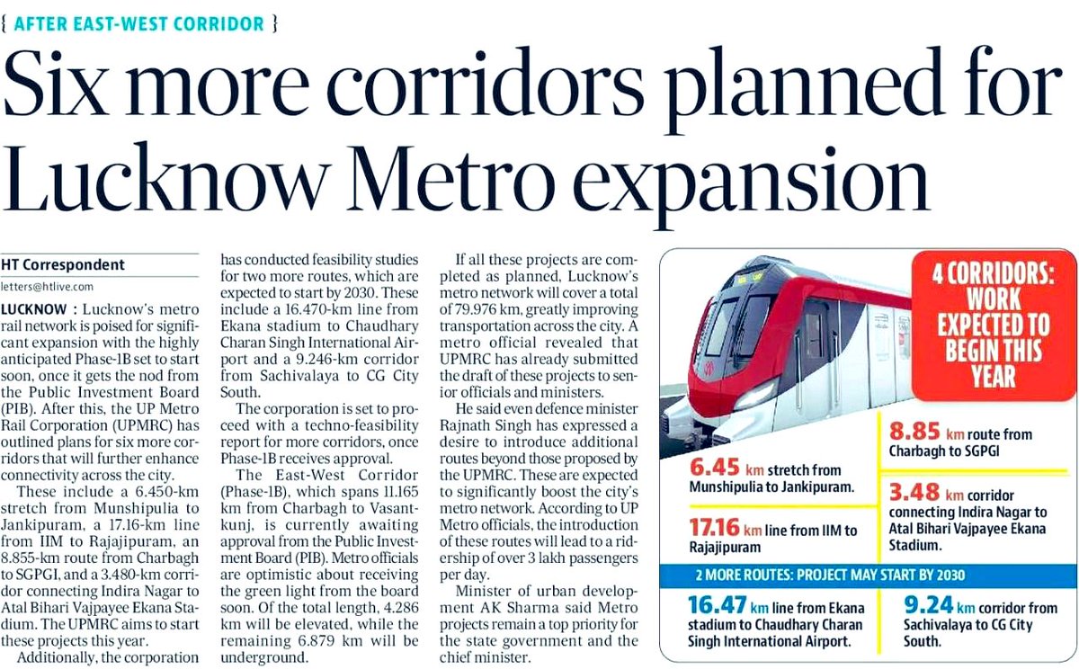 AwasthiAwanishK's tweet photo. Lucknow Metro Expansion 6 New Corridors Planned!  

The @OfficialUPMetro is all set to expand Lucknow Metro with 6 new routes, enhancing connectivity and boosting urban mobility.  

Work Starting This Year  
1)- Munshipulia ↔ Jankipuram (6.45 km). 
2)- IIM ↔ Rajajipuram (17.16 km).  
3)- Charbagh ↔ SGPGI (8.85 km).  
4)- Indira Nagar ↔ Ekana Stadium (3.48 km).  

•Planned by 2030  
5)- Ekana Stadium ↔ Airport (16.47 km).  
6)- Sachivalaya ↔ CG City South (9.24 km).  

•Total Network: 79.976 km  
•Daily Ridership: 3+ lakh commuters.  

A giant leap for urban transport in #Lucknow!   

#LucknowMetro #UPDevelopment #UrbanMobility #NayeBharatKaNayaUP #LucknowDevelopment #AwanishKAwasthi