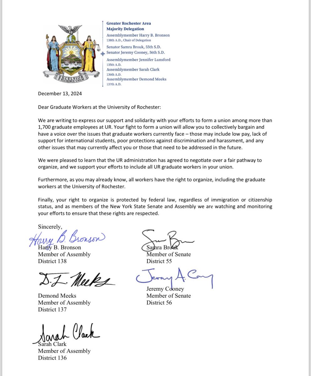 ur_glu's tweet photo. In response to our November Press Conference where over 150 grads and allies gathered in support of our union, @HarryBBronson, @SenatorBrouk, @DemondLMeeks, @SenatorCooney, and @sarahhartclark of the NYS Legislature have signed a letter supporting our efforts to form a union. https://t.co/4iKt1tRTaU