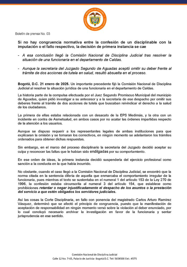 CNDJ_Col's tweet photo. #BoletínDePrensa | Cuando la confesión de un disciplinable no esté debidamente enmarcada en la norma, así acepte su culpa, podrá ser exonerado. Vía @cramireznet. 
#JurisprudenciaAlDía https://t.co/Xm64llxSHZ