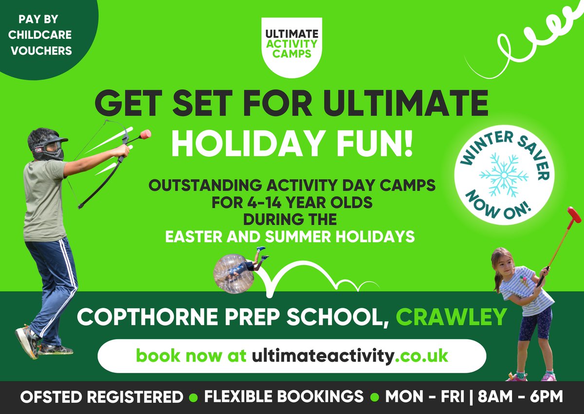 Ultimate Activity Camps (@ult_activity) on Twitter photo ⏰Our Winter Saver ends TONIGHT!⏰
Ultimate Activity Camps are returning to
<a href="/copthorneprep/">Copthorne Prep.</a> this Easter & Summer! 🤸
Children aged 4-14 can make new friends and enjoy over 40 sports, games, and creative activities each week. Book now to save👉bit.ly/3S6ts7E ⏰Our Winter Saver ends TONIGHT!⏰
Ultimate Activity Camps are returning to
<a href="/copthorneprep/">Copthorne Prep.</a> this Easter & Summer! 🤸
Children aged 4-14 can make new friends and enjoy over 40 sports, games, and creative activities each week. Book now to save👉bit.ly/3S6ts7E
