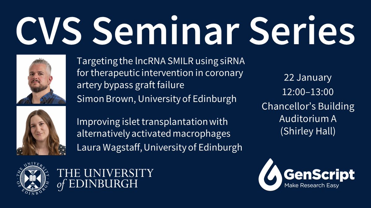 Postdocs Simon Brown and Laura Wagstaff will share their research at this week’s CVS seminar – join us tomorrow!
🗓️ 22 January, 12:00–13:00
Auditorium A, Chancellor’s Building <a href="/EdinburghBQ/">Edinburgh BioQuarter</a>
Join on Teams ➡️ edin.ac/4gWpSYW
