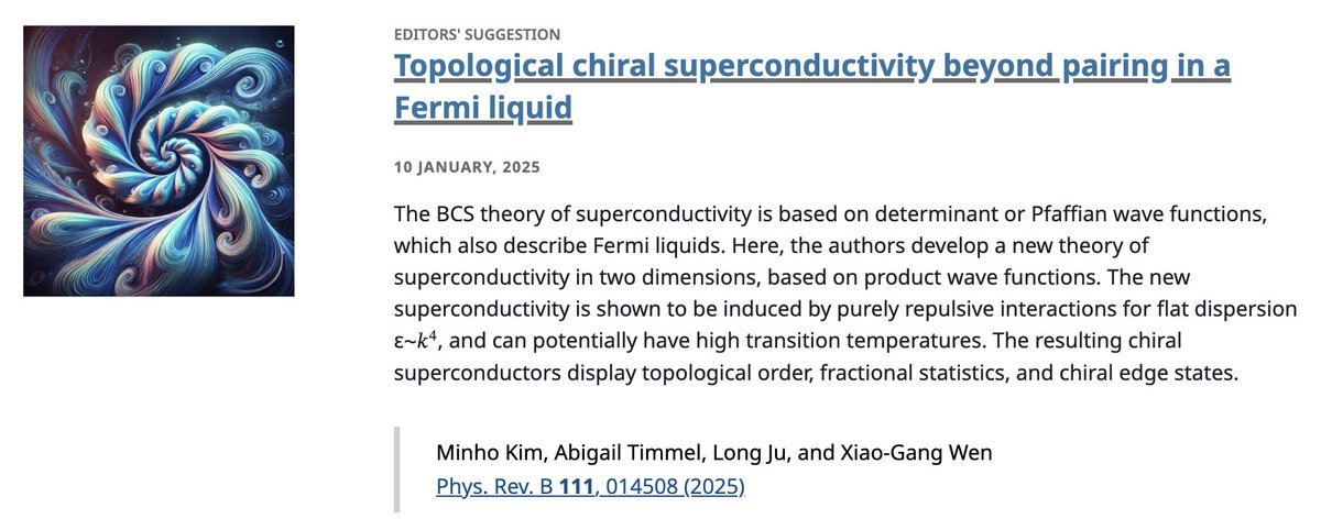 PhysRevB's tweet photo. PRB Editors' Suggestion: #Topological #chiral #superconductivity beyond pairing in a #FermiLiquid
Minho Kim, Abigail Timmel, Long Ju, and Xiao-Gang Wen
Phys. Rev. B 111, 014508
➡️ https://t.co/kA3zKhJZPt
#EdSugg @APSPhysics #condmat #physics https://t.co/TDLBZwbEO1