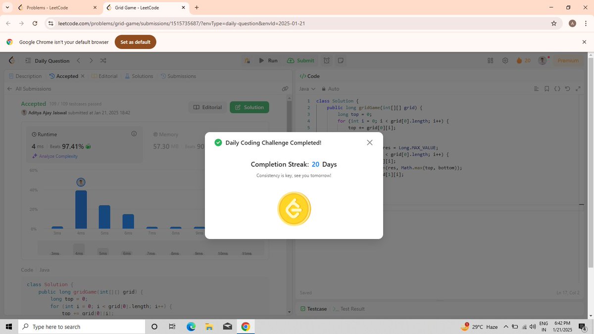 JaiswalAdi89787's tweet photo. 🚀 Leetcode Day 26: Solved! 🎉
Tackled Problem 2017: Grid Game 🤖 - Two robots on a 2xN grid, one minimizing and the other maximizing. After some dynamic programming magic, I cracked the optimal strategy! 💡
#Leetcode #CodingChallenge #ProblemSolving #CodeSuccess https://t.co/dINzzG4P89