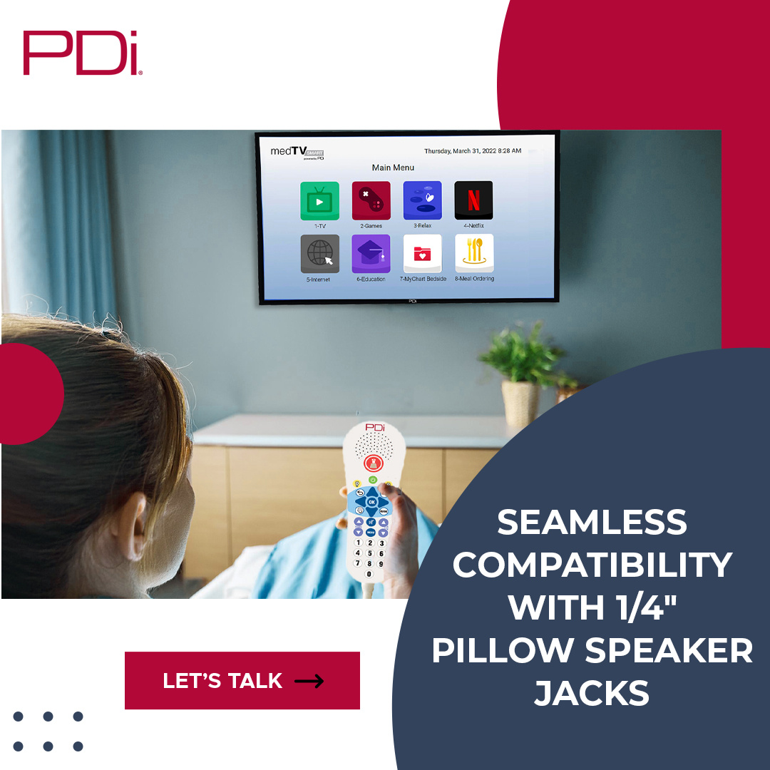 PDiTV's tweet photo. Looking for a reliable solution for your healthcare facility? PDi Hospital TVs use ¼” Pillow Speaker Jack, making upgrading and transitioning from older systems easier than ever.

#HealthcareTechnology #PatientExperience #PillowSpeakerCompatibility https://t.co/lnjoeIM0Pz