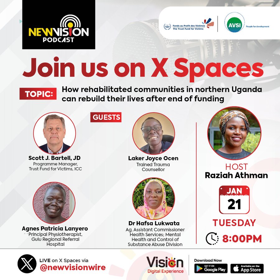 newvisionwire's tweet photo. ⏰ TONIGHT AT 8PM

Join us for an X Space discussion on how rehabilitated communities in northern #Uganda can rebuild their lives after the end of funding.

#Reparations #VictimsRights #Redress #BuildingSupport #ICCTrustFund #AssistanceProgramme #StoriesOfChange