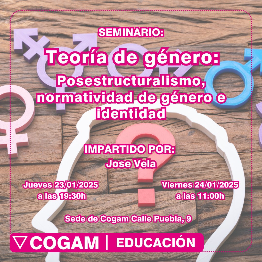 Primer seminario del año en COGAM Educación🌟
"El género en la identidad y estructura dentro de la Teoría Sexo-Género en talleres LGTBIQ+"

☕TARDE
📅Jue. 23/01
⏰19:30
🌞MAÑANA
📅Vie. 24/01
⏰11:00

📍Sede COGAM. C/ Puebla, 9

¡Te esperamos!🌈

#LGTBIQ #Diversidad #Educación