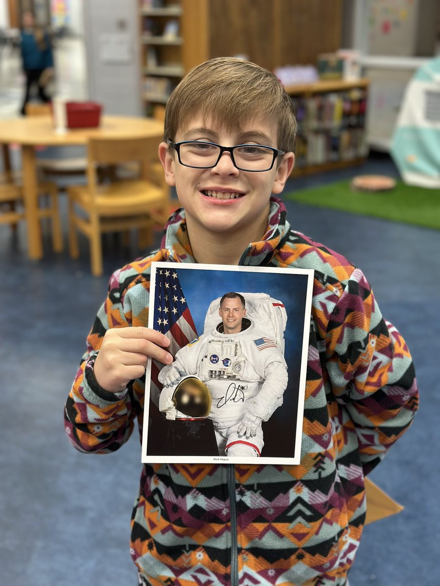 LLibrarynews's tweet photo. Before Christmas we wrote letters to active NASA astronauts in library. Noah received an autographed photo in his correspondence. @LewisburgSchool https://t.co/diantoQc61