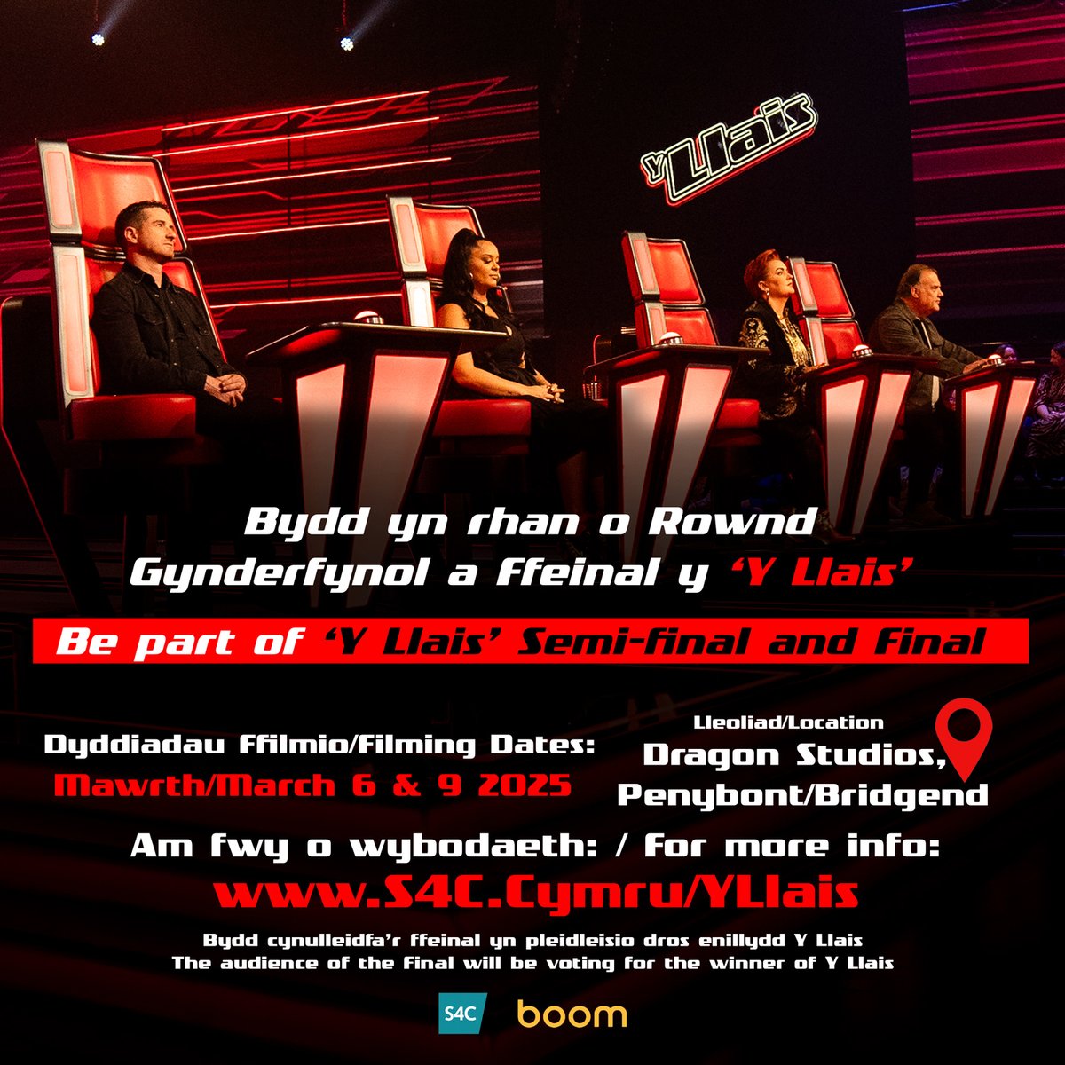 Y Llais (@yllaiss4c) on Twitter photo Bydd yn rhan o Rownd Gynderfynol a Ffeinal y Y Llais | Be part of Y Llais Semi-final and Final !👀🎤
Dyddiadau Ffilmio | Filming Dates: 6 & 9 2025
Lleoliad | Location: Dragon Studios, Penybont/Bridgend
Bydd cynulleidfa’r ffeinal yn pleidleisio dros enillydd Y Llais <a href="/S4C/">S4C 🏴</a>
The Bydd yn rhan o Rownd Gynderfynol a Ffeinal y Y Llais | Be part of Y Llais Semi-final and Final !👀🎤
Dyddiadau Ffilmio | Filming Dates: 6 & 9 2025
Lleoliad | Location: Dragon Studios, Penybont/Bridgend
Bydd cynulleidfa’r ffeinal yn pleidleisio dros enillydd Y Llais <a href="/S4C/">S4C 🏴</a>
The