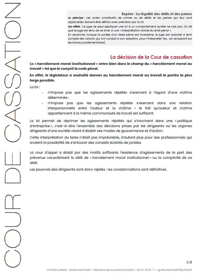 Courdecassation's tweet photo. ⚖[Communiqué] Les dirigeants de société peuvent être sanctionnés pénalement pour 'harcèlement moral institutionnel', résultat d’une politique d’entreprise conduisant en toute connaissance de cause à la dégradation des conditions de travail des salariés
👓https://t.co/0BdhHAnIhB https://t.co/JMiFaeTQ9a
