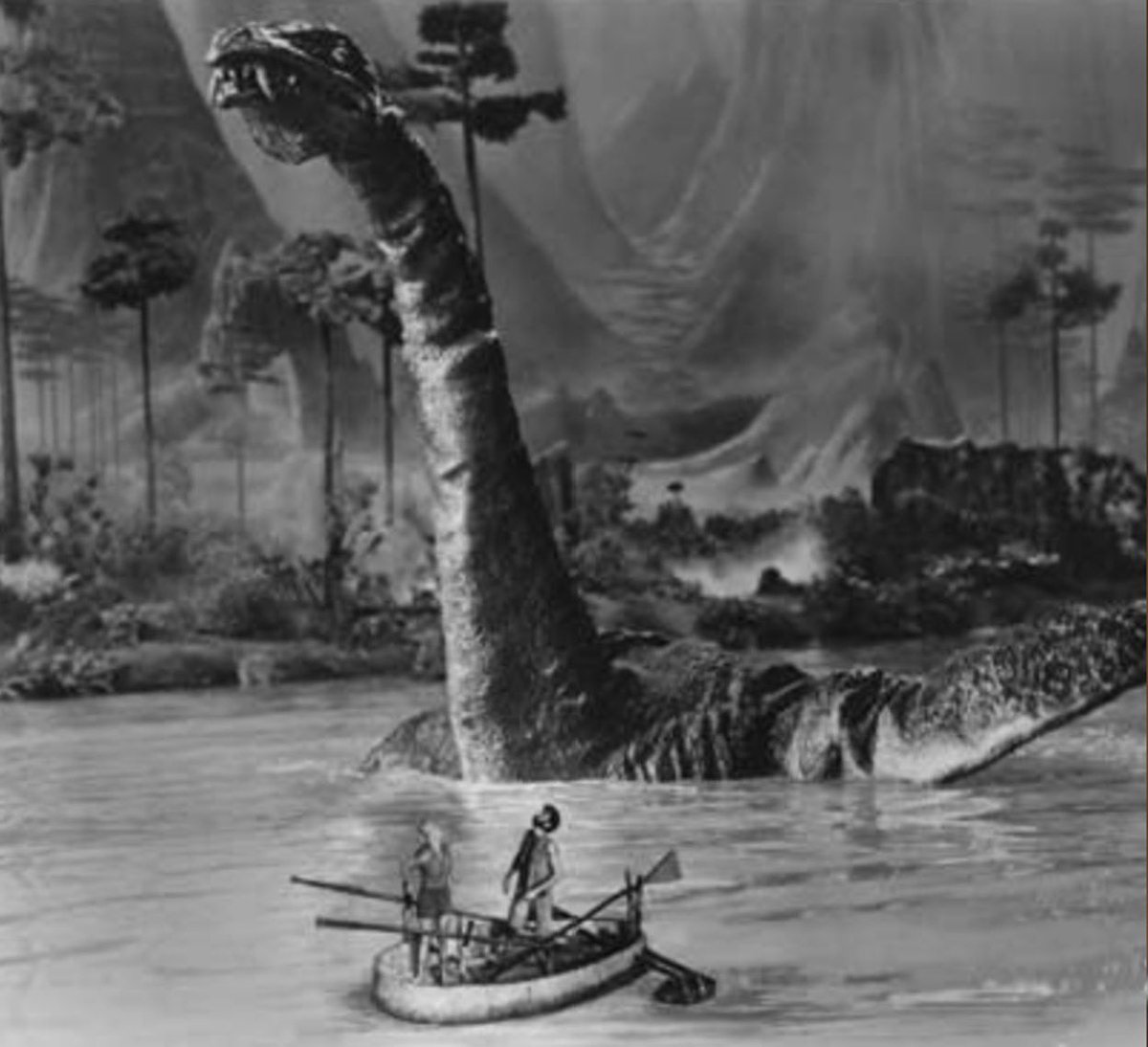 Raft &amp; Occupants in Danger of Capsizing as Menacing Flippersaurus rears its Horrible Head from the Lake of Peril in THE LAND UNKNOWN.

#famousmonsters #monsters #monstermovies