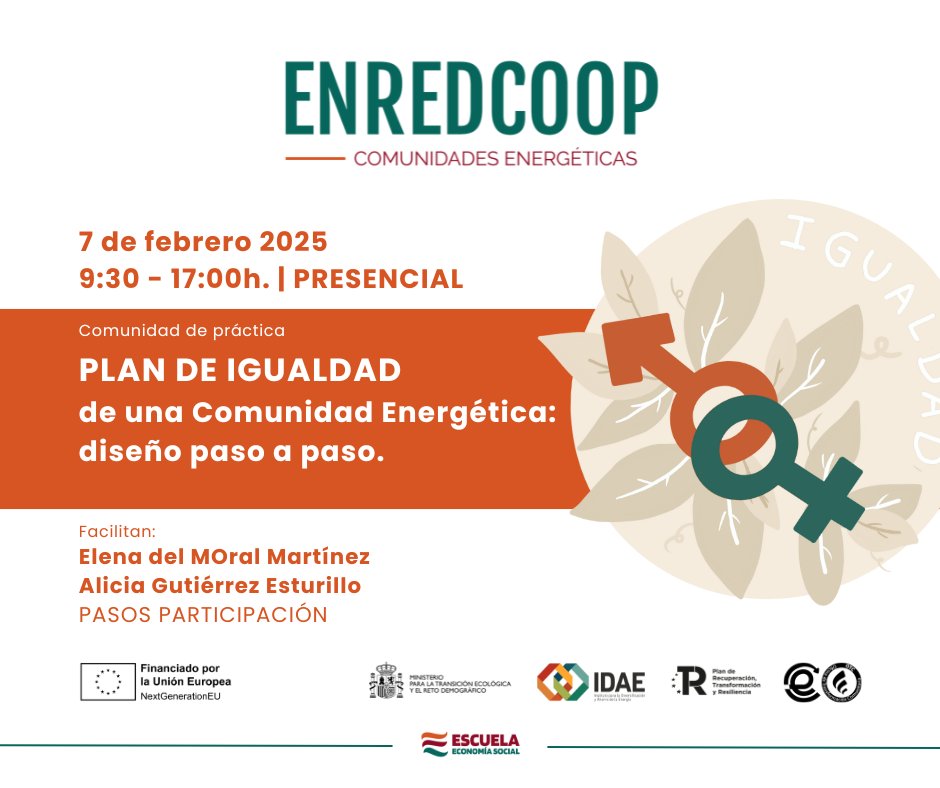 economia_social's tweet photo. En el marco de las acciones de asesoramiento                                                           de nuestra OTC  #ENREDCOOP 
💡Taller PLAN  DE IGUALDAD para una Comunidad Energética ▶️https://t.co/8oJ4GUo80K
🗓️7 de febrero. 9:30 a 17:00
Sede @economia_social 
 @IDAEenergia https://t.co/tOlMnvpzs9
