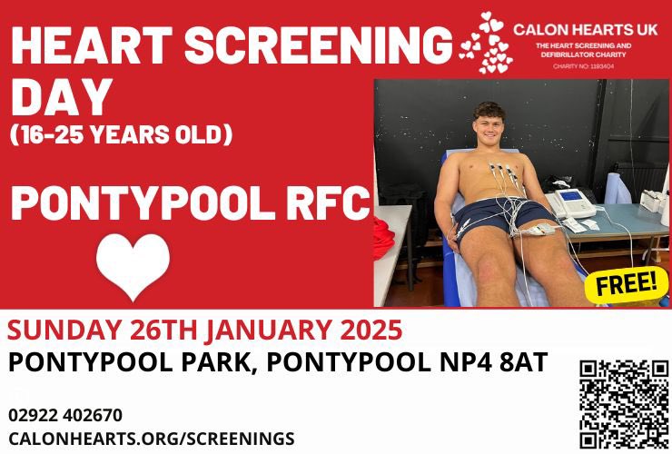 PontypoolRFC's tweet photo. Pontypool RFC are delighted to advise that we are hosting @CalonHearts this Sunday 26th January. There are some screening appointments available for public booking. https://t.co/b2zMjc5jsh