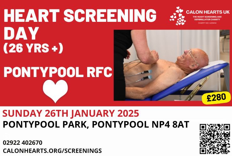 PontypoolRFC's tweet photo. Pontypool RFC are delighted to advise that we are hosting @CalonHearts this Sunday 26th January. There are some screening appointments available for public booking. https://t.co/b2zMjc5jsh