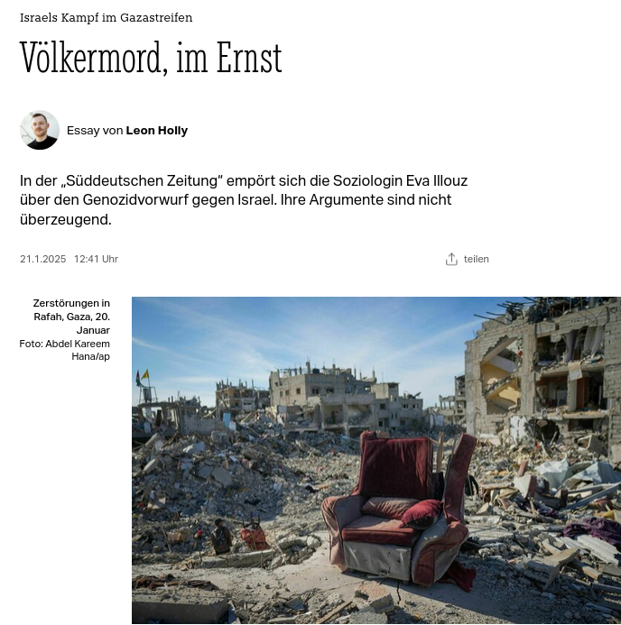 Eva Illouz und die Empörung über den Völkermordvorwurf.

Meine Replik, jetzt auch in der <a href="/tazgezwitscher/">taz</a>.

taz.de/Israels-Kampf-…