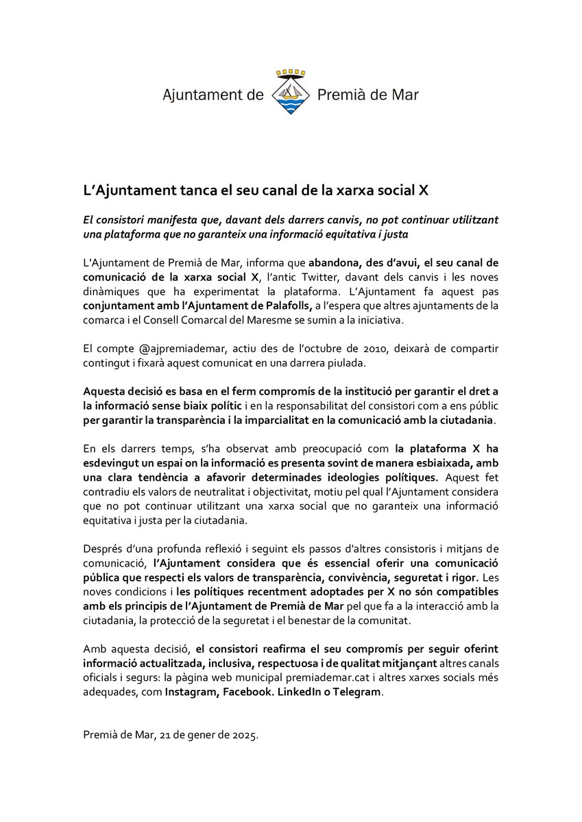 ❌L'Ajuntament tanca el seu canal de la xarxa social X
➡️El consistori manifesta que, davant dels darrers canvis, no pot continuar utilitzant una plataforma que no garanteix una informació equitativa i justa
ℹ️Més informació👉premiademar.cat/TanquemX #PremiàDeMar #Maresme