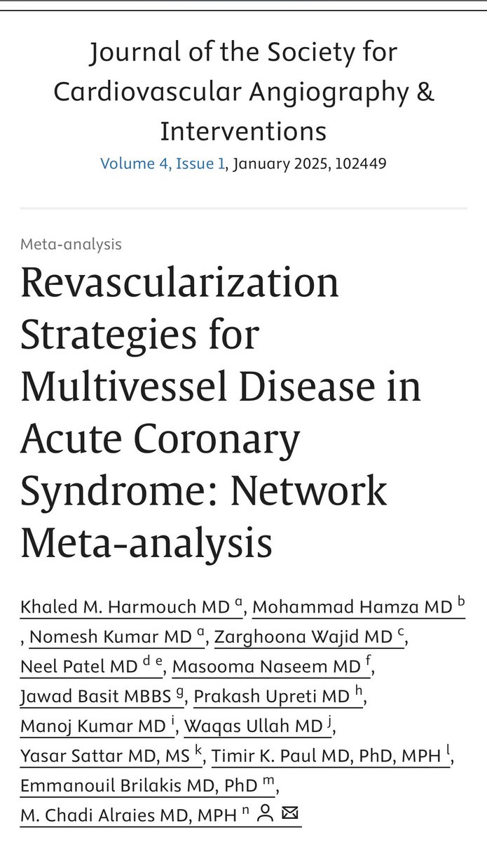 Pleased to announce that our paper discussing “ Revascularization Strategies for Multi-vessel Disease in Acute Coronary Syndrome: Network Meta-Analysis” has been published in <a href="/MyJSCAI/">MyJSCAI</a> 

sciencedirect.com/science/articl…

#Cardiology #cardiovascular #cardiotwitter #CardioEd <a href="/KhHarmouch/">Khaled Harmouch</a>