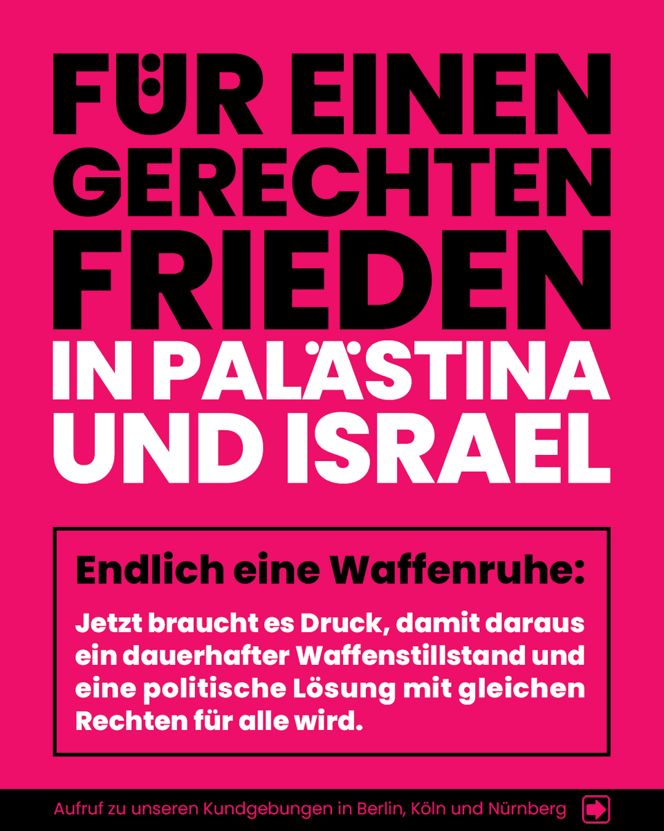 Kommt mit uns und einem breiten Bündnis an NGOs auf die Straße für einen gerechten Frieden in #Palästina und #Israel!

📅 15. Februar 2025
📌 Berlin (Spreebogenpark) ⏰14.00
📌 Köln (Heumarkt) ⏰15.00
📌 Nürnberg (Caritas-Pirckheimer-Haus) ⏰ 14.00

1/2