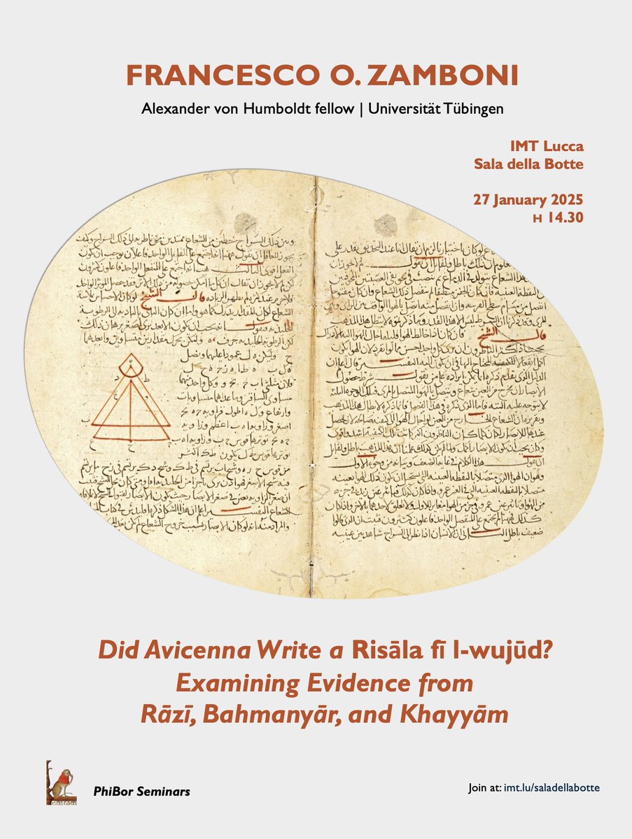 Philosophy on the Border of Civilizations (@phiborunit) on Twitter photo We are happy to invite you to the next instalment of #PhiBor seminars, with a talk by Francesco O. Zamboni (<a href="/AvHStiftung/">Humboldt-Stiftung</a> fellow at <a href="/uni_tue/">Universität Tübingen</a>) on a rather mysterious "Treatise on Being" which Ibn Sīnā might have penned. It's on Monday 27th January at 2.30pm CET, also online! We are happy to invite you to the next instalment of #PhiBor seminars, with a talk by Francesco O. Zamboni (<a href="/AvHStiftung/">Humboldt-Stiftung</a> fellow at <a href="/uni_tue/">Universität Tübingen</a>) on a rather mysterious "Treatise on Being" which Ibn Sīnā might have penned. It's on Monday 27th January at 2.30pm CET, also online!