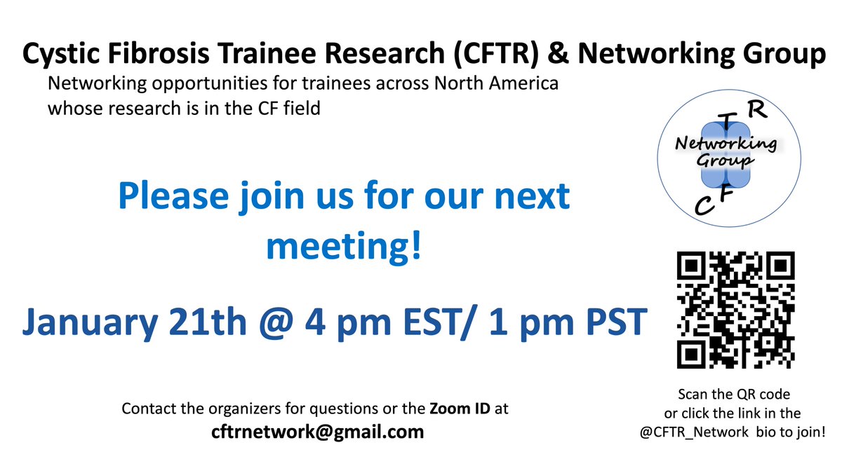 Please join us TODAY (1/21) @ 4 pm EST/ 1 pm PST over Zoom for our next CFTR Networking group meeting! We are excited to have Steven Ionov,  a graduate student at Dartmouth College share his research. <a href="/CF_Foundation/">Cystic Fibrosis Foundation</a>
 <a href="/jmcmicrobe/">Jodi Corley</a>  @sherylEFerns