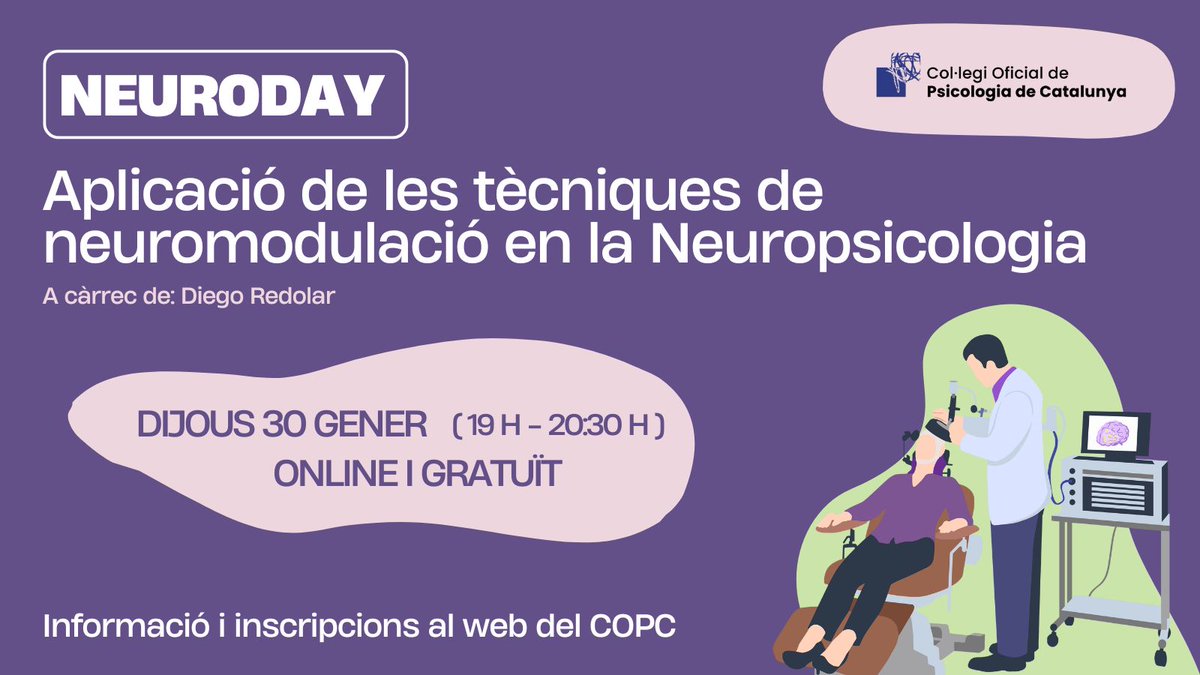 seccionps_copc's tweet photo. Iniciem la formació programada!
El Diego Redolar ens explicarà que és l’estimulació magnètica transcranial (TMS) i les seves aplicacions en Neuropsicologia. 

🗓️ 30/01/25 (19 h - 20:30 h)
💻 ONLINE
📝 Inscripció: https://t.co/4ZGeSln3cT https://t.co/fl2OU7yqgy