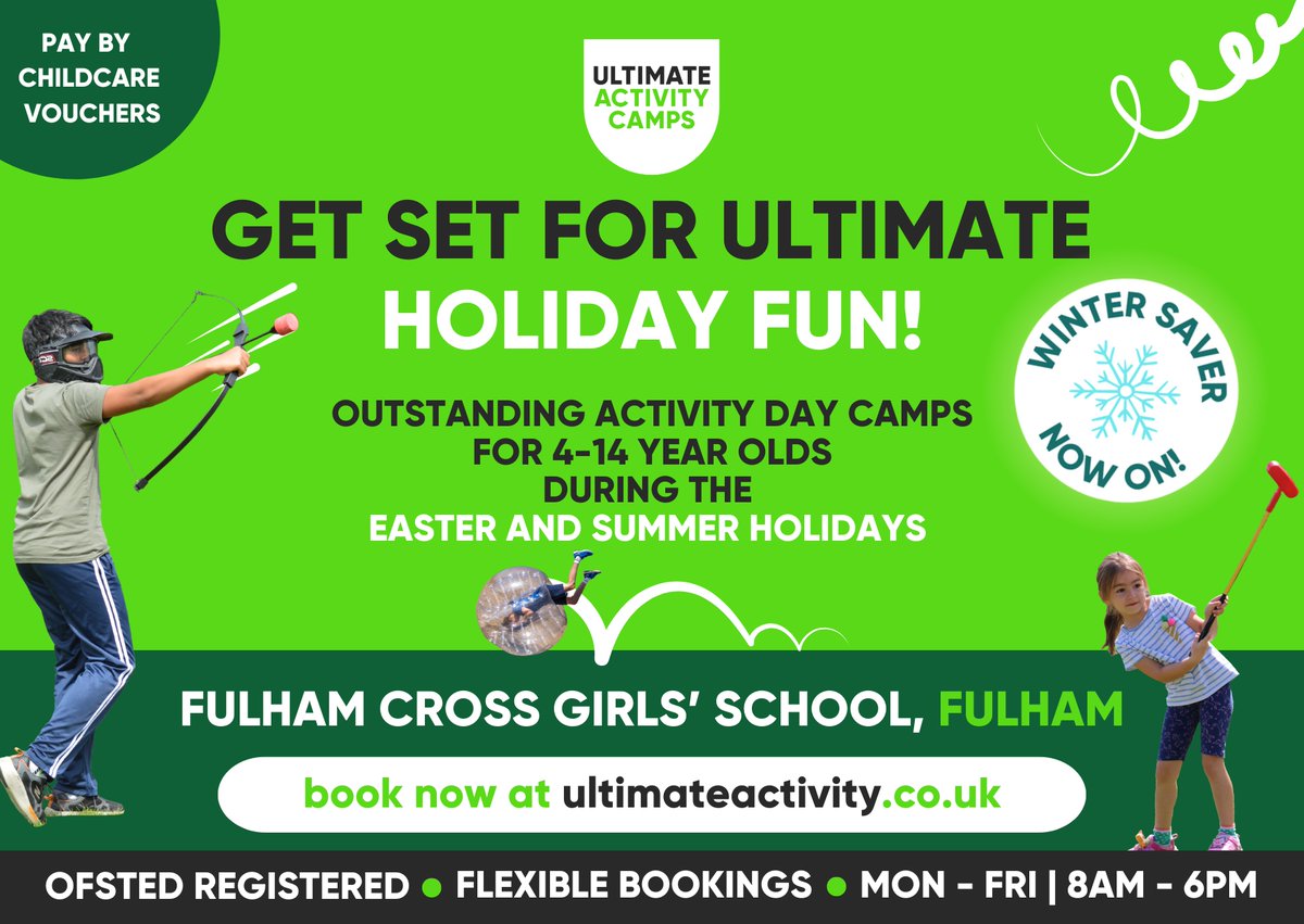 Ultimate Activity Camps (@ult_activity) on Twitter photo ⏰Our Winter Saver ends TONIGHT!⏰
Ultimate Activity Camps are returning to
<a href="/FulhamCross/">Fulham Cross Girls' School</a> this Easter & Summer! 🤸
Children aged 4-14 can make new friends and enjoy over 40 sports, games, and creative activities each week. Book now to save👉bit.ly/3vBVr7t ⏰Our Winter Saver ends TONIGHT!⏰
Ultimate Activity Camps are returning to
<a href="/FulhamCross/">Fulham Cross Girls' School</a> this Easter & Summer! 🤸
Children aged 4-14 can make new friends and enjoy over 40 sports, games, and creative activities each week. Book now to save👉bit.ly/3vBVr7t