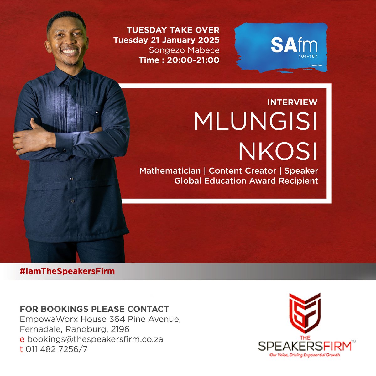 speakersfirm's tweet photo. 🎙️ Tune in tonight, Tuesday, 21 January 2025, @_mlungisinkosi , one of our powerful voices, joins @SongezoMabece on @SAfmRadio  at 8 PM to share insights that inspire.

Don’t miss it! 🕙

#RadioInterview #VoicesOfImpact #Inspiration #TheSpeakersFirm #newyear #IAmTheSpeakersFirm https://t.co/HwU44ubrKw