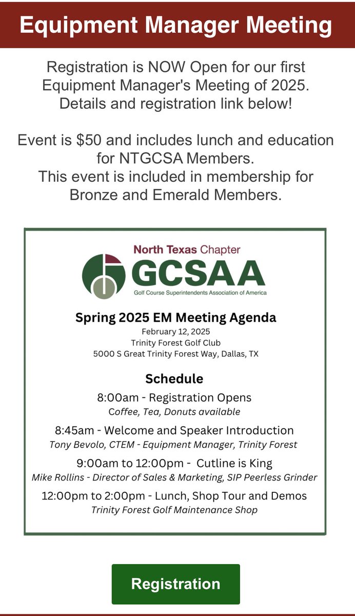 Tony Bevolo, CTEM (@tonybevolo) on Twitter photo With the help of the <a href="/NTGCSA/">North Texas GCSA</a>, I am excited to host <a href="/MikeRollinsSIP/">Mike Rollins</a> in a few weeks! Please, if you are in the area Cutline is King is NOT one to miss!
Follow this link to register!
ntgcsa.org/meetinginfo.ph… With the help of the <a href="/NTGCSA/">North Texas GCSA</a>, I am excited to host <a href="/MikeRollinsSIP/">Mike Rollins</a> in a few weeks! Please, if you are in the area Cutline is King is NOT one to miss!
Follow this link to register!
ntgcsa.org/meetinginfo.ph…