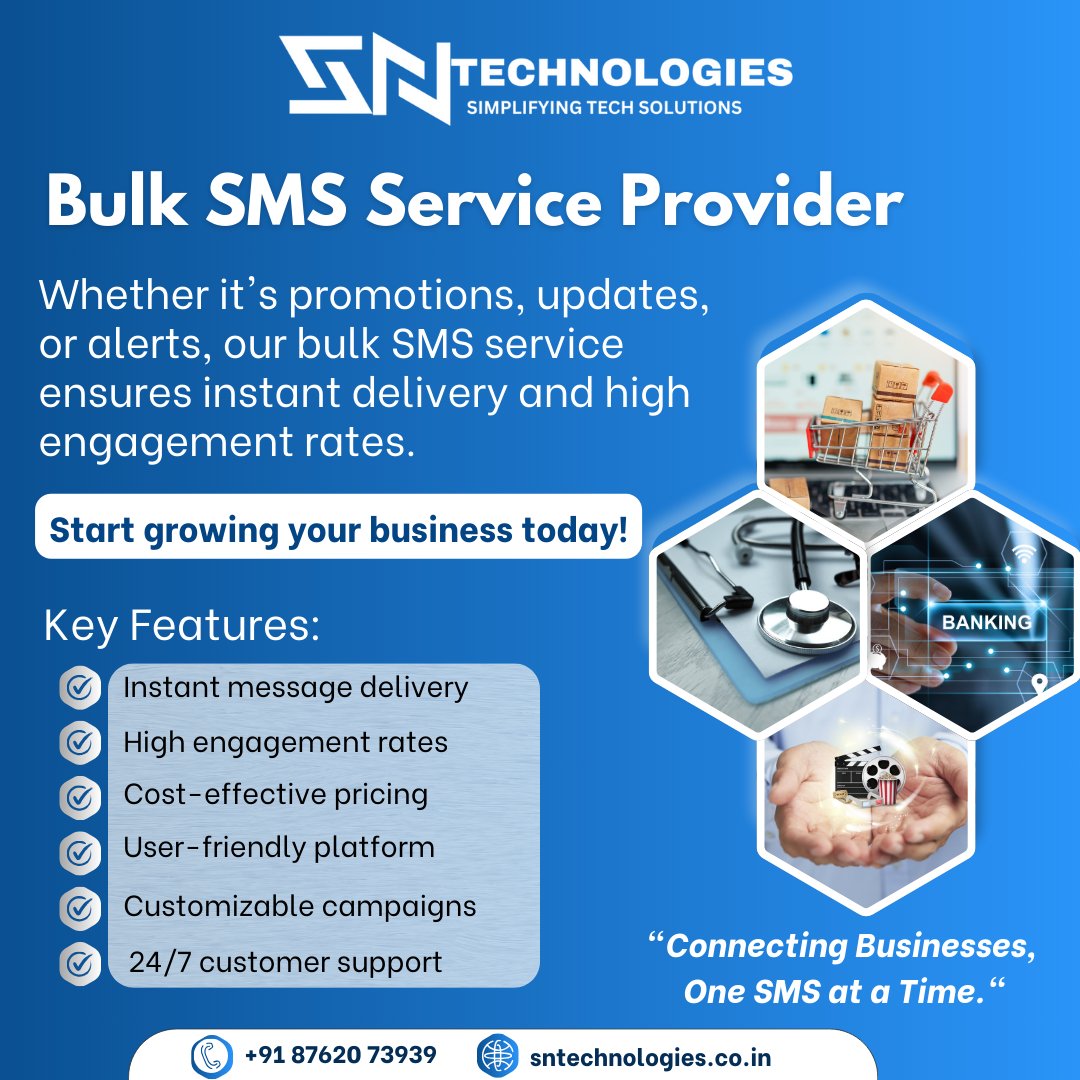 Get your message across in seconds! With our 𝐛𝐮𝐥𝐤 𝐒𝐌𝐒 𝐬𝐞𝐫𝐯𝐢𝐜𝐞, you can deliver personalized campaigns to thousands in a click

𝐁𝐮𝐥𝐤 𝐒𝐌𝐒 𝐒𝐞𝐫𝐯𝐢𝐜𝐞 𝐏𝐫𝐨𝐯𝐢𝐝𝐞𝐫 - 𝐒𝐍 𝐓𝐞𝐜𝐡𝐧𝐨𝐥𝐨𝐠𝐢𝐞𝐬

#BulkSMS #SMSMarketing #BusinessMessaging #InstantReach
