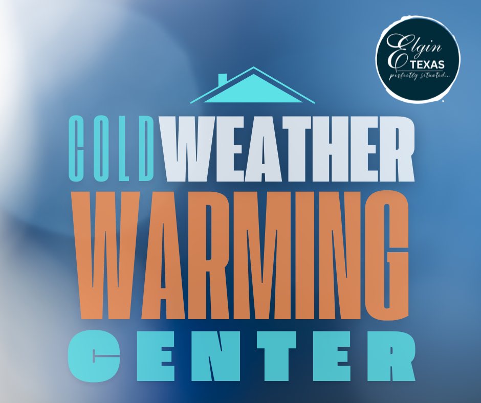 MyElginTX's tweet photo. Warming Center

Elgin Public Library will open 9am to 4pm Tuesday, January 21 to provide a warming facility for the community.  Located at 404 North Main Street.

Elgin Recreation Center and City Offices will be closed today, 1/2/25. https://t.co/e4j4ZRhx7u