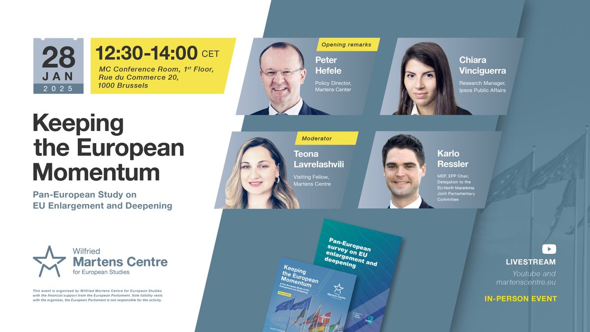 Martens Centre (@martenscentre) on Twitter photo 💡Keeping the European Momentum: Pan-European Study on EU Enlargement and Deepening
Join us on 28th January for this event with <a href="/KarloRessler/">Karlo Ressler</a>, <a href="/MCVinciguerra/">Dr Maria Chiara Vinciguerra</a>, <a href="/PeterHefele/">Peter Hefele</a>, and <a href="/TeonaLav/">Teona Lavrelashvili</a>, presenting the Martens Centre's latest study.
👉 martenscentre.eu/event/keeping-… #FocusFuture 💡Keeping the European Momentum: Pan-European Study on EU Enlargement and Deepening
Join us on 28th January for this event with <a href="/KarloRessler/">Karlo Ressler</a>, <a href="/MCVinciguerra/">Dr Maria Chiara Vinciguerra</a>, <a href="/PeterHefele/">Peter Hefele</a>, and <a href="/TeonaLav/">Teona Lavrelashvili</a>, presenting the Martens Centre's latest study.
👉 martenscentre.eu/event/keeping-… #FocusFuture