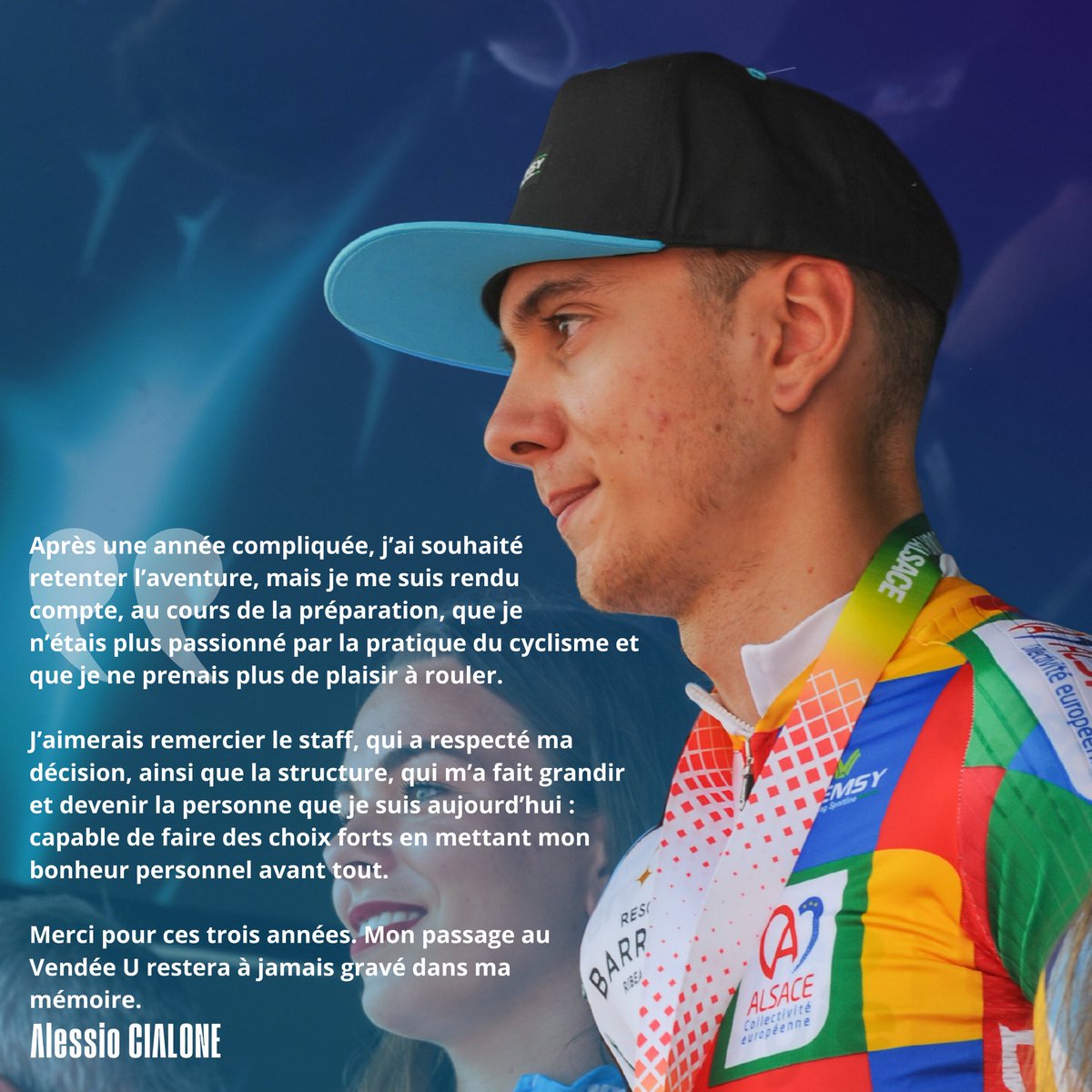 𝐌𝐞𝐫𝐜𝐢 𝐀𝐥𝐞𝐬𝐬𝐢𝐨.

Vainqueur d’étape sur le Tour du Maroc 2024, Alessio Cialone a pris la décision d’arrêter le cyclisme. Le Vendée U Pays de la Loire respecte sa décision et lui souhaite le meilleur dans ses projets personnels. 🤝

#govendeeu