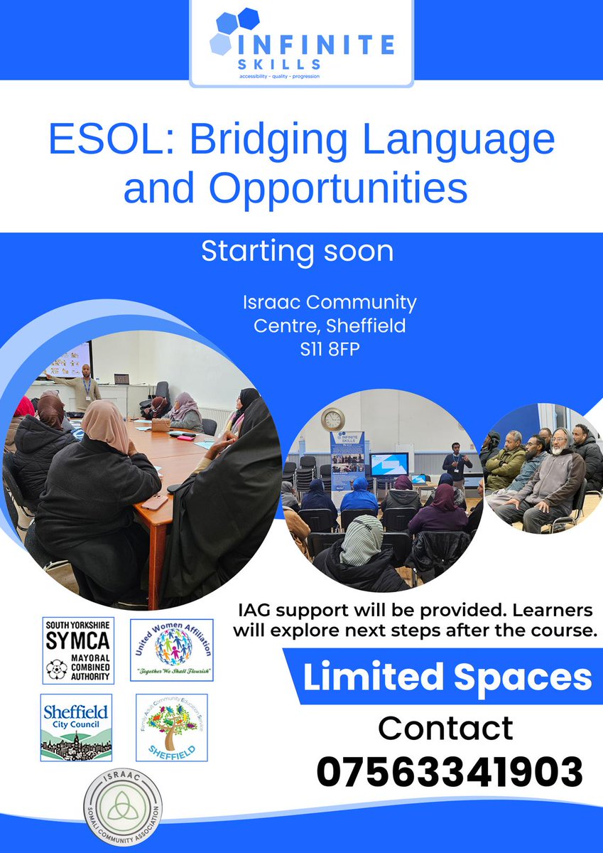 infiniteskillsC's tweet photo. New ESOL Class starting soon-For more details please contact phone number on poster
#ESOL #ESOLClasses #EnglishLearning #LanguageSkills #CommunityLearning #EducationForAll #LearnEnglish #LanguageSupport #SheffieldEducation #AdultLearning #InclusiveEducation https://t.co/ykZGUsMWqu