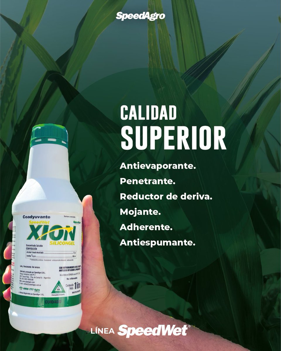 Speedwet Xion Silicongel, nuestro innovador producto reduce las pérdidas por evaporación, mejora la penetración del principio activo, aumenta la adherencia de las gotas del spray y reduce la deriva física.
✅ ¡Todo esto se traduce en cultivos más saludables y productivos!