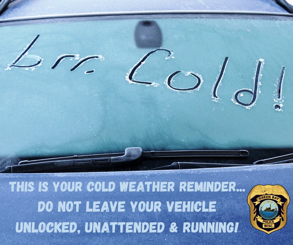 GBPolice's tweet image. Brr, it’s cold out there! But listen up—DON'T do it! DO NOT leave your vehicle unlocked, unattended, and running. It's tempting for that quick warm-up, but leaving your vehicle vulnerable could be an invitation for trouble. #StaySafe #LockItUp #WinterCarSafety